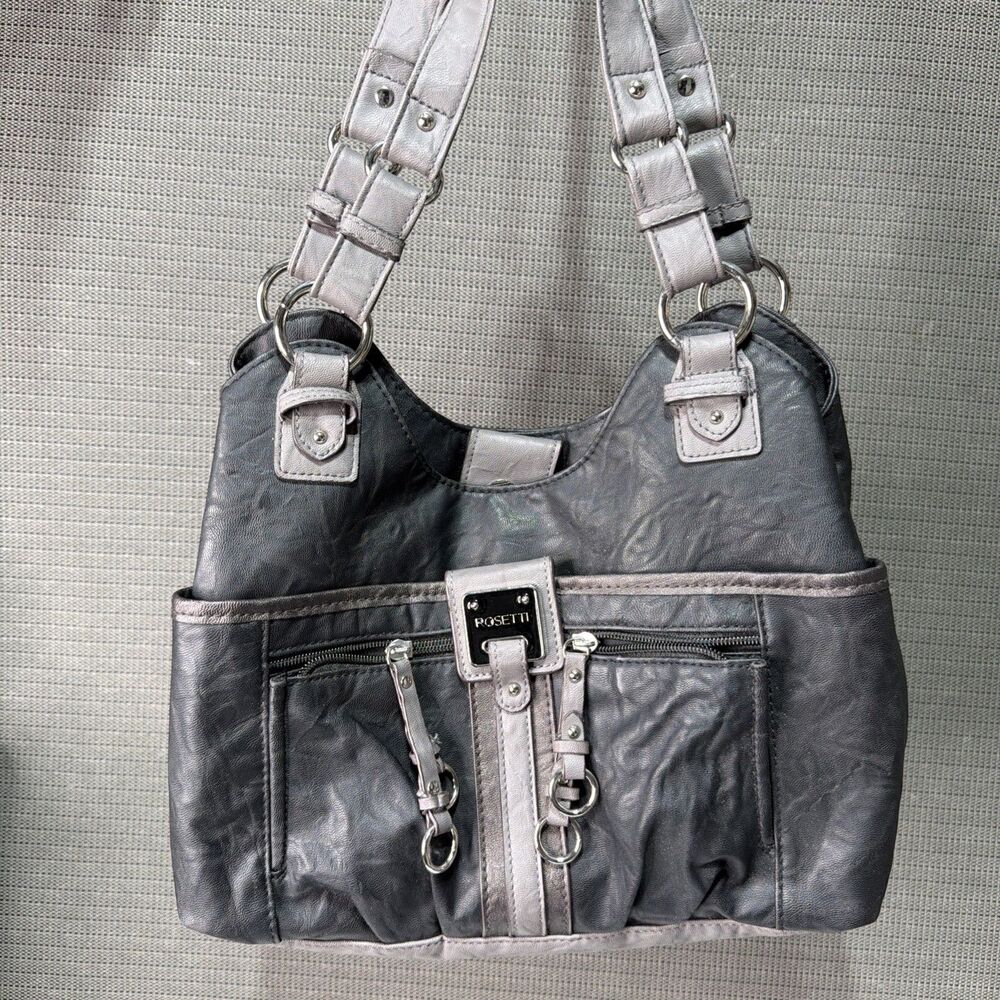 Rosetti Black Taupe Faux Leather Shoulder Bag Hobo Purse Multi Pocket 8x12x5"